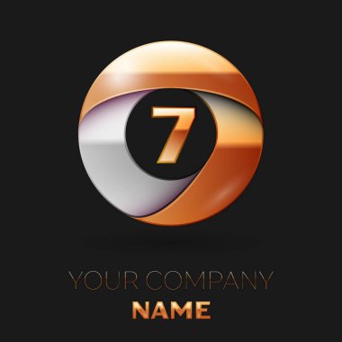 Gerçekçi yedi numara logo sembol siyah arka plan üzerinde renkli altın-gümüş daire şeklinde. Tasarımınız için vektör şablonu