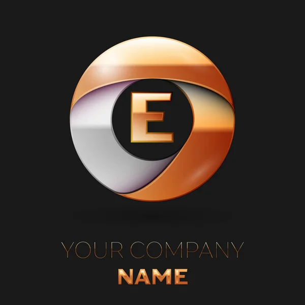 Realistické zlaté písmeno E logo symbol ve tvaru barevné zlatý stříbrný kruh na černém pozadí. Vektor šablona pro návrh — Stockový vektor