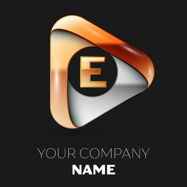 Simbolo realistico del logo Golden Letter E in forma di triangolo oro-argento su sfondo nero. Modello vettoriale per il tuo design — Vettoriale Stock