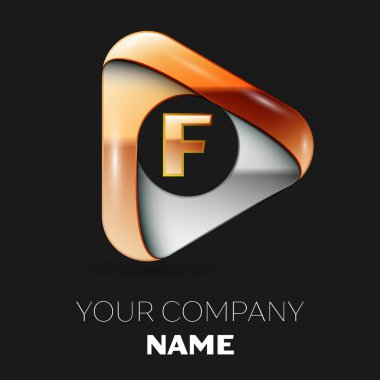 Gerçekçi altın harf F logo sembol siyah zemin üzerine altın-gümüş üçgen şeklinde. Tasarımınız için vektör şablonu