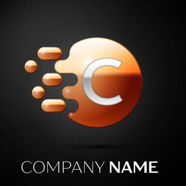 Gümüş harf C logo. Altın nokta sıçrama ve siyah arka plan üzerine sıvı kabarcık şekli. Tasarımınız için vektör şablonu