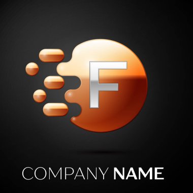 Gümüş harf F logosu. Altın nokta sıçrama ve siyah arka plan üzerine sıvı kabarcık şekli. Tasarımınız için vektör şablonu