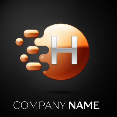 Gümüş H harfi logosu. Altın nokta sıçrama ve siyah arka plan üzerine sıvı kabarcık şekli. Tasarımınız için vektör şablonu