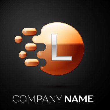 Gümüş L harfi logosu. Altın nokta sıçrama ve siyah arka plan üzerine sıvı kabarcık şekli. Tasarımınız için vektör şablonu