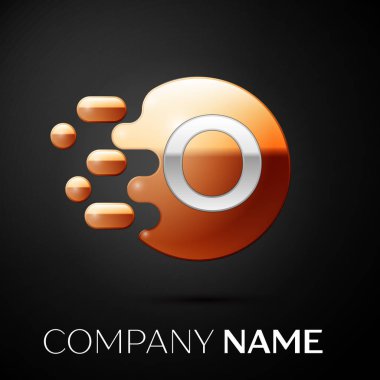 Gümüş harf O logo. Altın nokta sıçrama ve siyah arka plan üzerine sıvı kabarcık şekli. Tasarımınız için vektör şablonu