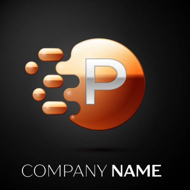 Gümüş harf P logosunu görmeniz gerekir. Altın nokta sıçrama ve siyah arka plan üzerine sıvı kabarcık şekli. Tasarımınız için vektör şablonu