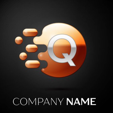 Gümüş harf Q logosu. Altın nokta sıçrama ve siyah arka plan üzerine sıvı kabarcık şekli. Tasarımınız için vektör şablonu