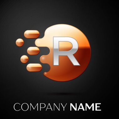 Gümüş harf R logosunu görmeniz gerekir. Altın nokta sıçrama ve siyah arka plan üzerine sıvı kabarcık şekli. Tasarımınız için vektör şablonu