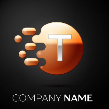 Gümüş mektup T logo. Altın nokta sıçrama ve siyah arka plan üzerine sıvı kabarcık şekli. Tasarımınız için vektör şablonu