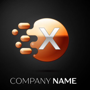 Gümüş harf X logosu. Altın nokta sıçrama ve siyah arka plan üzerine sıvı kabarcık şekli. Tasarımınız için vektör şablonu