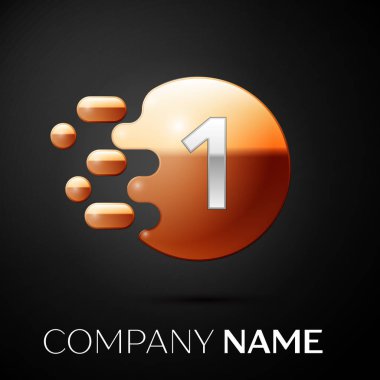 Gümüş bir logo. Altın nokta sıçrama ve siyah arka plan üzerine sıvı kabarcık şekli. Tasarımınız için vektör şablonu