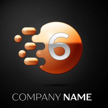 Gümüş altı numara logosu. Altın nokta sıçrama ve siyah arka plan üzerine sıvı kabarcık şekli. Tasarımınız için vektör şablonu