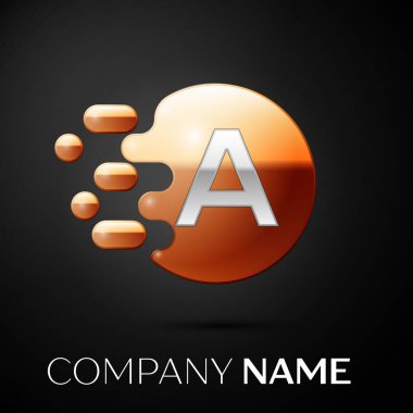 Gümüş harf A logo. Altın nokta sıçrama ve siyah arka plan üzerine sıvı kabarcık şekli. Tasarımınız için vektör şablonu