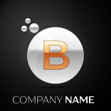 Altın mektup B logosu. Gümüş nokta sıçrama ve siyah arka plan üzerine sıvı kabarcık şekli. Tasarımınız için vektör şablonu
