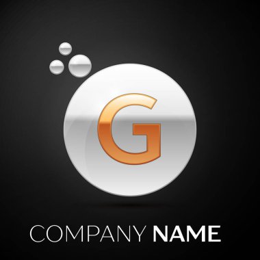 Altın harf G logosunu görmeniz gerekir. Gümüş nokta sıçrama ve siyah arka plan üzerine sıvı kabarcık şekli. Tasarımınız için vektör şablonu