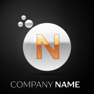 Altın harf N logosunu görmeniz gerekir. Gümüş nokta sıçrama ve siyah arka plan üzerine sıvı kabarcık şekli. Tasarımınız için vektör şablonu