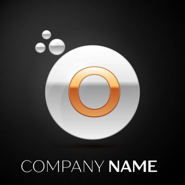 Altın harf O logo. Gümüş nokta sıçrama ve siyah arka plan üzerine sıvı kabarcık şekli. Tasarımınız için vektör şablonu