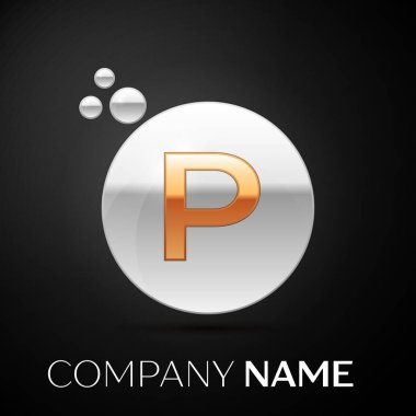 Altın harf P logosunu görmeniz gerekir. Gümüş nokta sıçrama ve siyah arka plan üzerine sıvı kabarcık şekli. Tasarımınız için vektör şablonu