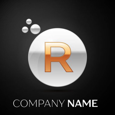 Altın harf R logosunu görmeniz gerekir. Gümüş nokta sıçrama ve siyah arka plan üzerine sıvı kabarcık şekli. Tasarımınız için vektör şablonu