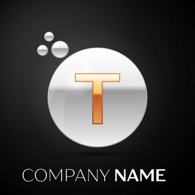 Altın mektup T logo. Gümüş nokta sıçrama ve siyah arka plan üzerine sıvı kabarcık şekli. Tasarımınız için vektör şablonu