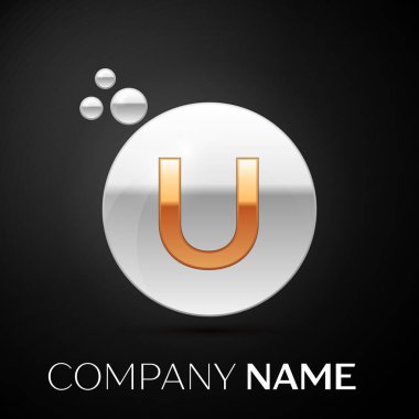 Altın harf U logosunu görmeniz gerekir. Gümüş nokta sıçrama ve siyah arka plan üzerine sıvı kabarcık şekli. Tasarımınız için vektör şablonu