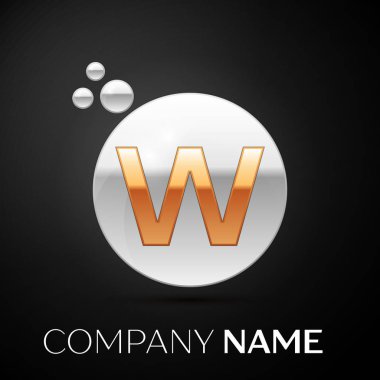 Altın harf W logo. Gümüş nokta sıçrama ve siyah arka plan üzerine sıvı kabarcık şekli. Tasarımınız için vektör şablonu
