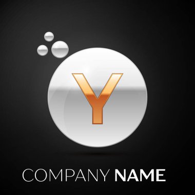 Altın harf Y logosunu görmeniz gerekir. Gümüş nokta sıçrama ve siyah arka plan üzerine sıvı kabarcık şekli. Tasarımınız için vektör şablonu