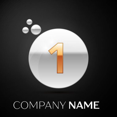 Altın bir logo. Gümüş nokta sıçrama ve siyah arka plan üzerine sıvı kabarcık şekli. Tasarımınız için vektör şablonu