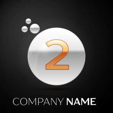 Altın iki numara logo. Gümüş nokta sıçrama ve siyah arka plan üzerine sıvı kabarcık şekli. Tasarımınız için vektör şablonu