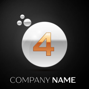 Altın dört numara logo. Gümüş nokta sıçrama ve siyah arka plan üzerine sıvı kabarcık şekli. Tasarımınız için vektör şablonu
