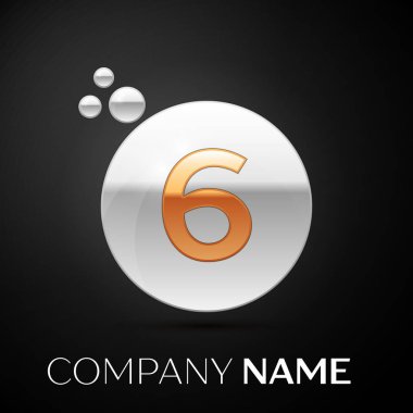 Altın altı numara logo. Gümüş nokta sıçrama ve siyah arka plan üzerine sıvı kabarcık şekli. Tasarımınız için vektör şablonu