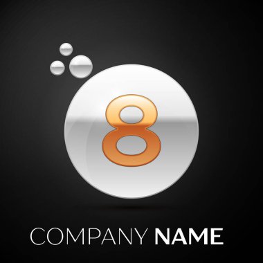 Altın sekiz numara logo. Gümüş nokta sıçrama ve siyah arka plan üzerine sıvı kabarcık şekli. Tasarımınız için vektör şablonu