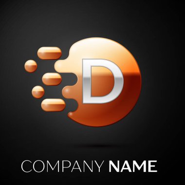 Gümüş harf D logo. Altın nokta sıçrama ve siyah arka plan üzerine sıvı kabarcık şekli. Tasarımınız için vektör şablonu