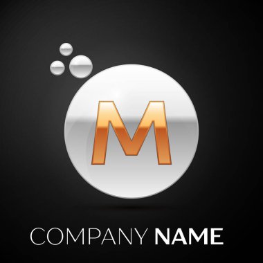 Altın harf M logosu. Gümüş nokta sıçrama ve siyah arka plan üzerine sıvı kabarcık şekli. Tasarımınız için vektör şablonu