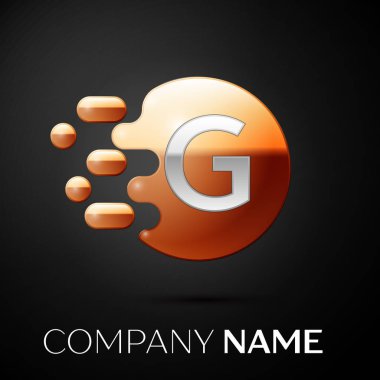 Gümüş harf G logosu. Altın nokta sıçrama ve siyah arka plan üzerine sıvı kabarcık şekli. Tasarımınız için vektör şablonu