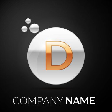 Altın harf D logo. Gümüş nokta sıçrama ve siyah arka plan üzerine sıvı kabarcık şekli. Tasarımınız için vektör şablonu