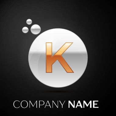 Altın harf K logosunu görmeniz gerekir. Gümüş nokta sıçrama ve siyah arka plan üzerine sıvı kabarcık şekli. Tasarımınız için vektör şablonu