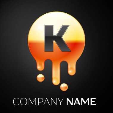 K harfi sıçrama logosunu görmeniz gerekir. Altın nokta ve kabarcıklar mektup tasarım siyah arka plan üzerine. Vektör çizim