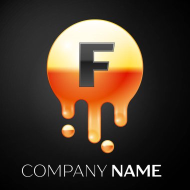 F harfi sıçrama logosunu görmeniz gerekir. Altın nokta ve kabarcıklar mektup tasarım siyah arka plan üzerine. Vektör çizim