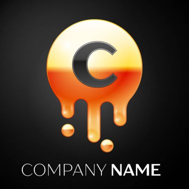 C harfi sıçrama logosunu görmeniz gerekir. Altın nokta ve kabarcıklar mektup tasarım siyah arka plan üzerine. Vektör çizim