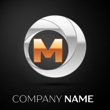 Harf M logo sembol siyah zemin üzerine altın-gümüş renkli daire içinde. Tasarımınız için vektör şablonu