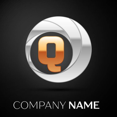 Harf Q logo sembol siyah zemin üzerine altın-gümüş renkli daire içinde. Tasarımınız için vektör şablonu