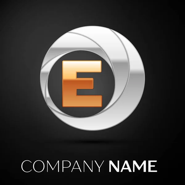 Lettera E simbolo del logo nel cerchio colorato d'oro-argento su sfondo nero. Modello vettoriale per il tuo design — Vettoriale Stock