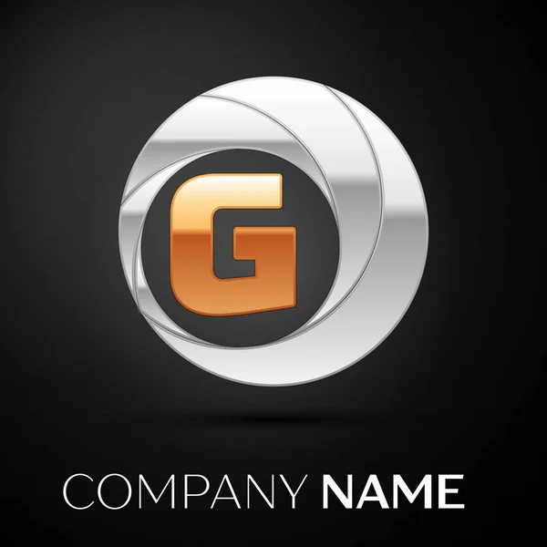 Letra G símbolo del logotipo en el círculo de oro-plata de colores sobre fondo negro. Plantilla vectorial para su diseño — Vector de stock