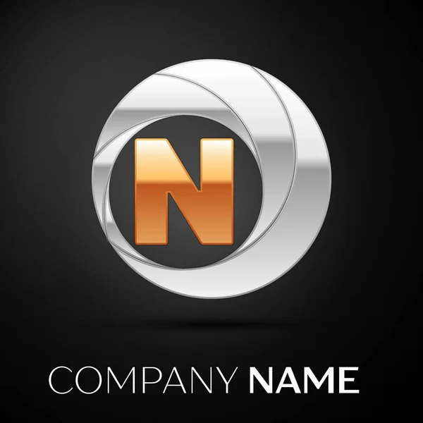 Bokstaven N logotyp symbol i golden-silver färgglada cirklar på svart bakgrund. Vector mall för din design — Stock vektor