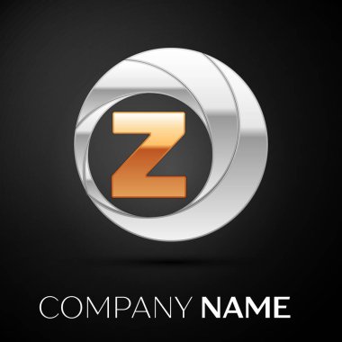 Z harfi logo sembol siyah zemin üzerine altın-gümüş renkli daire içinde. Tasarımınız için vektör şablonu