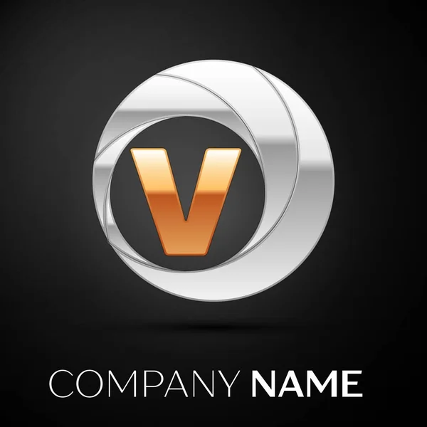 Letra V símbolo del logotipo en el círculo de oro-plata de colores sobre fondo negro. Plantilla vectorial para su diseño — Archivo Imágenes Vectoriales