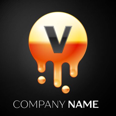 Harf V sıçrama logosunu görmeniz gerekir. Altın nokta ve kabarcıklar mektup tasarım siyah arka plan üzerine. Vektör çizim