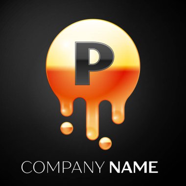P harfi sıçrama logosunu görmeniz gerekir. Altın nokta ve kabarcıklar mektup tasarım siyah arka plan üzerine. Vektör çizim