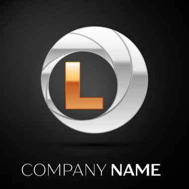 L harfi logo sembol siyah zemin üzerine altın-gümüş renkli daire içinde. Tasarımınız için vektör şablonu